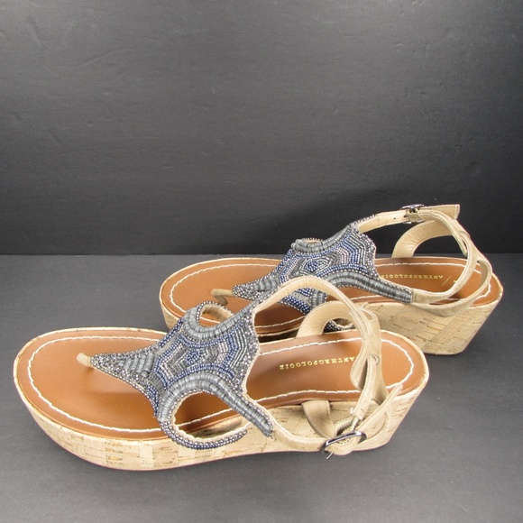 Anthropologie Beaded Cork Platform Wedge Thong Sandals 38 - Picture 4 of 8
